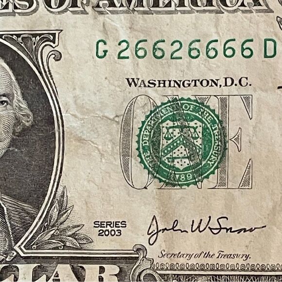 Fancy Serial Number $1 Bill – 26626666 – Repeater Note 2003 – Collectible - Picture 3 of 3